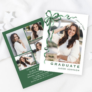 Trendy Green Bow Ribbon 5 PHOTO Graduation Party Invitation