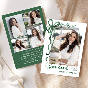 Trendy Green Bow Ribbon 5 PHOTO Graduation Party Invitation