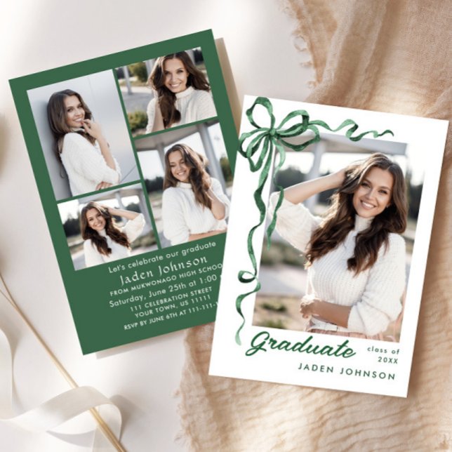 Trendy Green Bow Ribbon 5 PHOTO Graduation Party Invitation (Creator Uploaded)