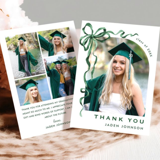 Trendy Green Bow Ribbon 5 PHOTO Graduation Thank You Card (Creator Uploaded)
