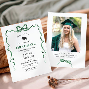 Trendy Green Bow Ribbon PHOTO Graduation Party Invitation