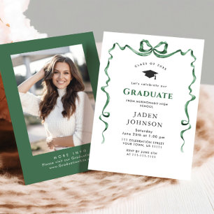 Trendy Green Bow Ribbon PHOTO Graduation Party Invitation