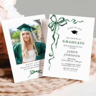 Trendy Green Bow Ribbon PHOTO Graduation Party Invitation