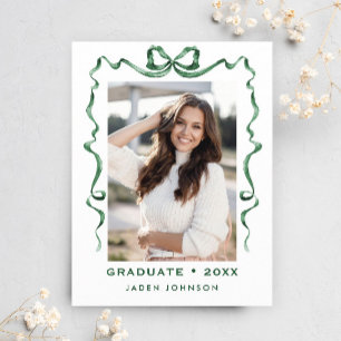 Trendy Green Bow Ribbon PHOTO Graduation Party Postcard