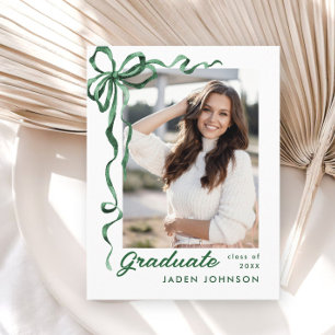 Trendy Green Bow Ribbon PHOTO Graduation Party Postcard