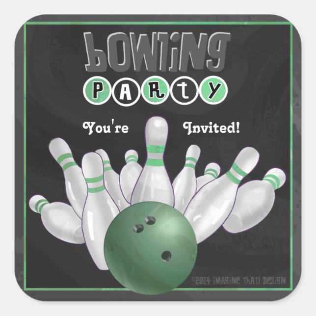 Trendy Green Bowling Party Invite Sticker (Front)