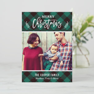 Trendy Green Buffalo Plaid Merry Christmas Photo Holiday Card