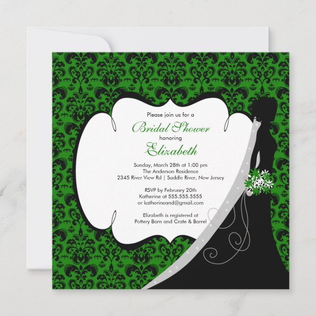 Trendy Green Damask Bride Bridal Shower Invite (Front)