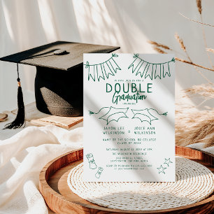 Trendy Green Doodle Double Graduation Party Invitation