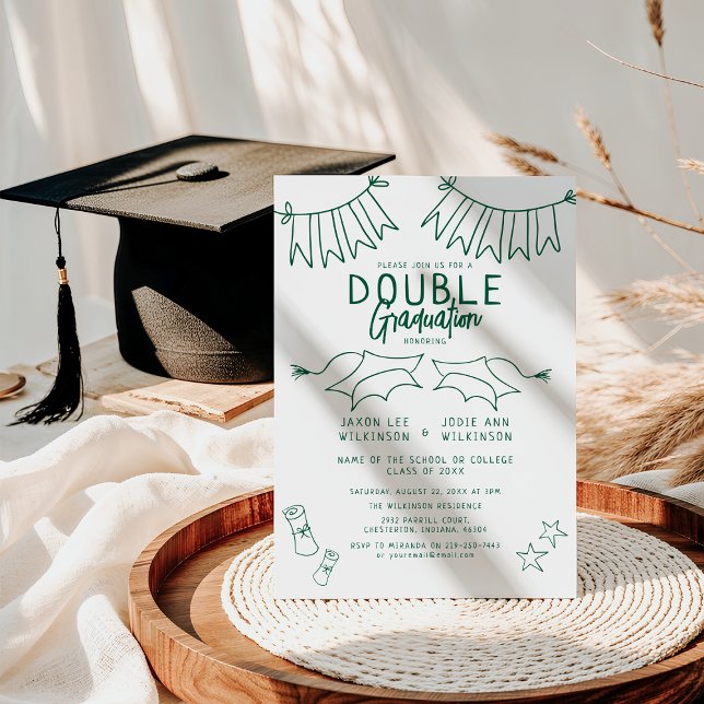 Trendy Green Doodle Double Graduation Party Invitation (Creator Uploaded)