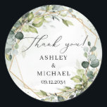 Trendy green eucalyptus and gold wedding sticker<br><div class="desc">Stunning design for wedding stickers - Watercolor eucalyptus mixed soft pastel green leaves woven into faux gold geometric frame and combined trendy calligraphy font makes this design so impressive. For enhance bohemian feeling this amazing floral bouquet combined modern calligraphy script font. Don't hesitate to contact me for matching items or...</div>