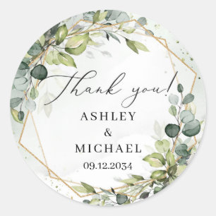 Trendy green eucalyptus and gold wedding sticker