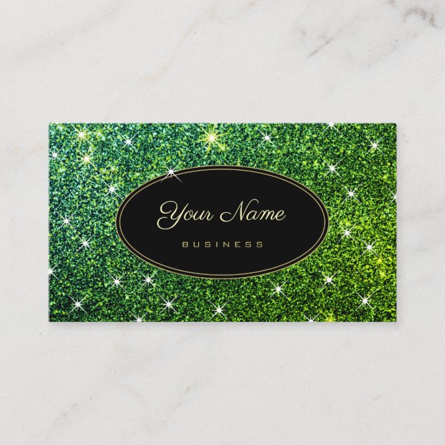 Trendy Green Glitter Glam Luminous Stars Elegant Business Card (Front)