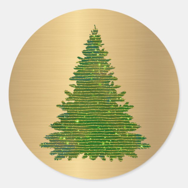 Trendy Green Gold Glitter Tree Christmas Classic Round Sticker (Front)