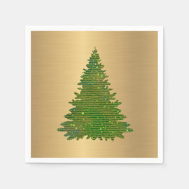 Trendy Green Gold Glitter Tree Christmas Napkin (Front)