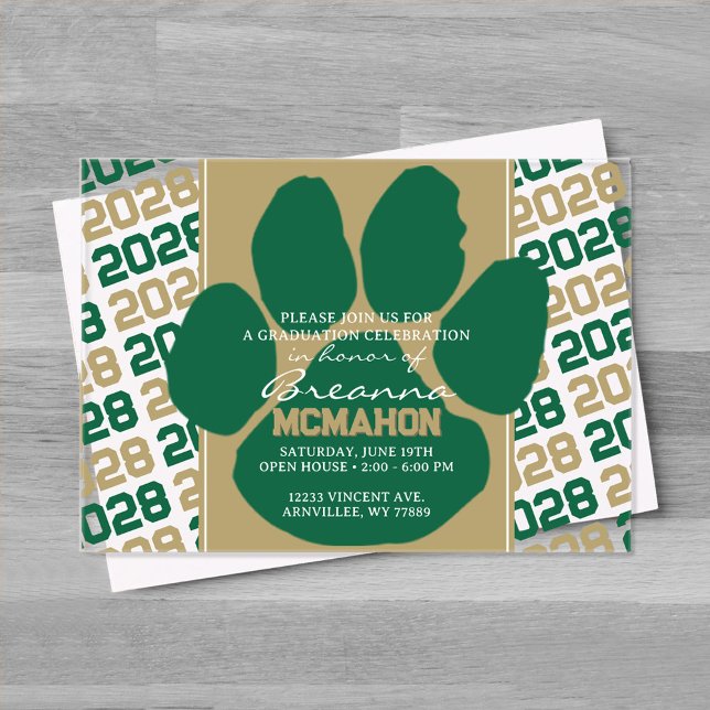 Trendy Green & Gold Graduation Pawprint Clear Acrylic Invitations (Bronze Gold, Green and White Frosted Acrylic Pawprint Graduation Invitation)