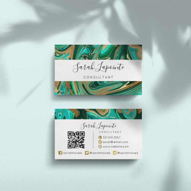 Trendy Green & Gold Liquid Marble QR code Business Card (Creator Uploaded)