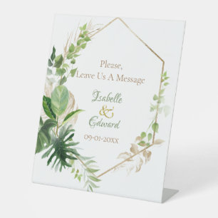 Trendy Green & Gold Tropical Monstera Leaves Pedestal Sign