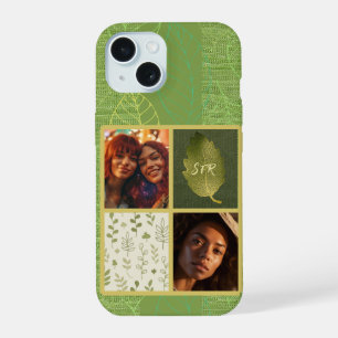 Trendy Green Leaf Design With 2 of Your Own Photos iPhone 15 Case