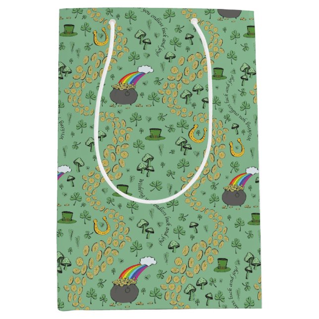 Trendy Green Luck & Joy St Patricks Day Whimsical  Medium Gift Bag (Front)