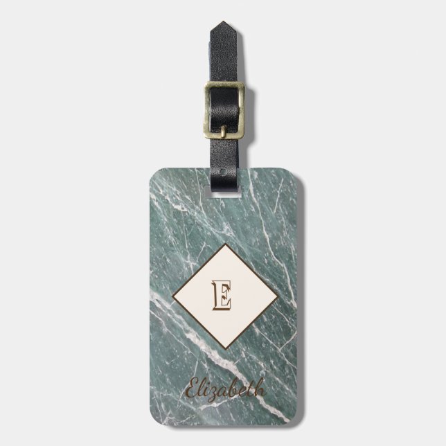 Trendy Green Marble, Monogram-Personalised Luggage Tag (Front Vertical)