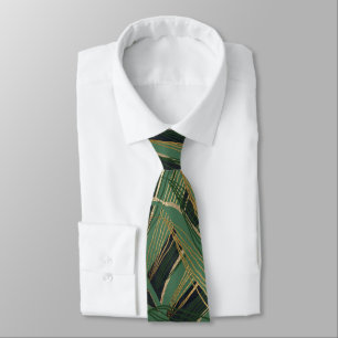Trendy Green Palm Leaves Gold Strokes Gray Design Tie