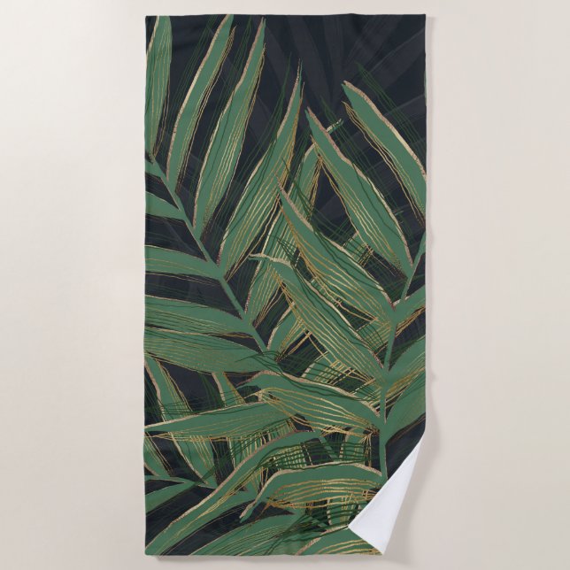 Trendy Green Palm Leaves Gold Strokes Grey Design Beach Towel (Front)
