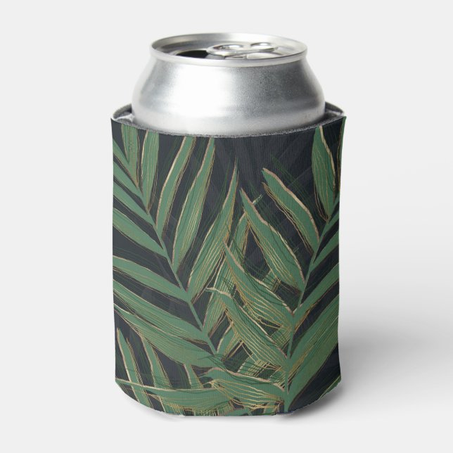 Trendy Green Palm Leaves Gold Strokes Grey Design Can Cooler (Can Front)