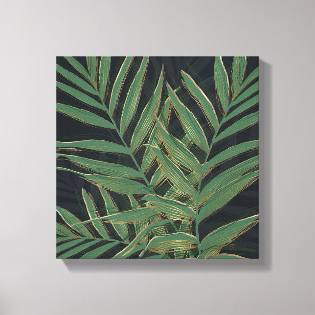 Trendy Green Palm Leaves Gold Strokes Grey Design Canvas Print (Front)