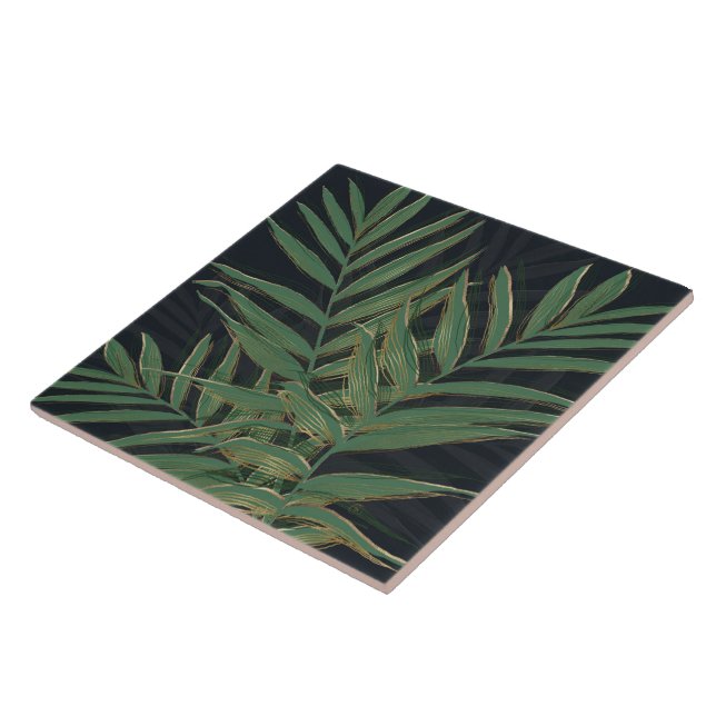 Trendy Green Palm Leaves Gold Strokes Grey Design Tile (Side)