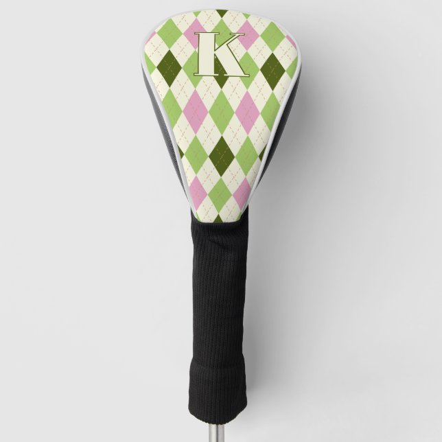 Trendy Green & Pink Argyle Pattern Modern Monogram Golf Head Cover (Front)