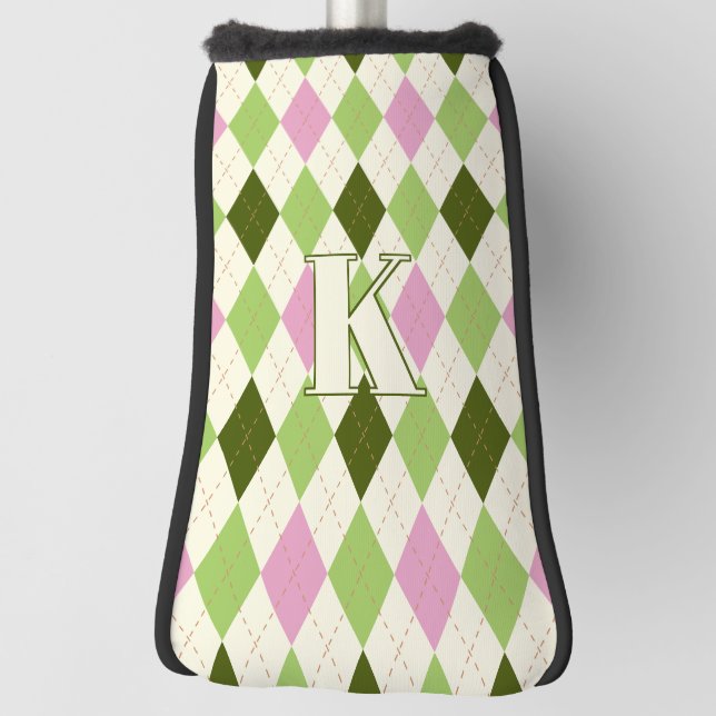Trendy Green & Pink Argyle Pattern Modern Monogram Golf Head Cover (Rotate 90)