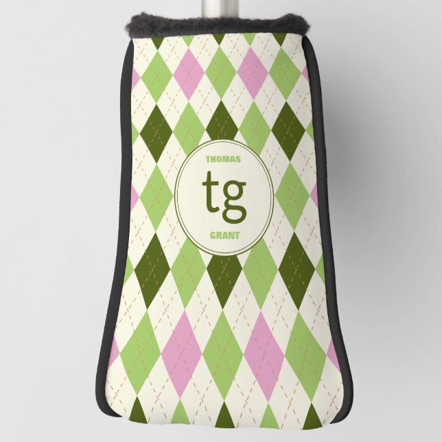Trendy Green & Pink Argyle Pattern Modern Monogram Golf Head Cover (Rotate 90)