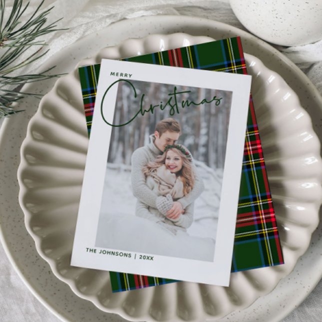 Trendy Green Plaid Merry Christmas Script Photo Holiday Card (Creator Uploaded)
