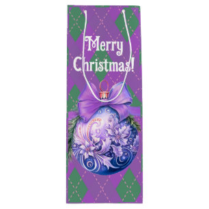 Trendy Green Purple Plaid Christmas Ornament Wine Gift Bag