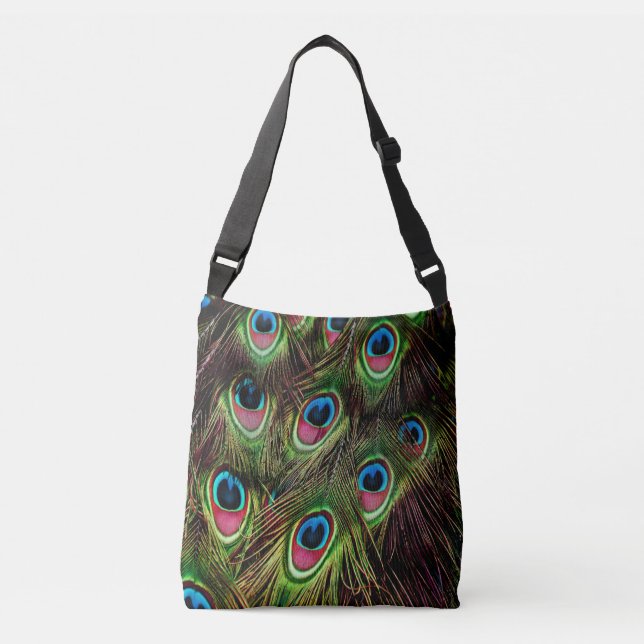 trendy green purple teal turquoise peacock feather crossbody bag (Front)