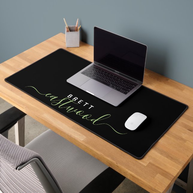 Trendy Green Script Monogram On Black Desk Mat (Office 2)