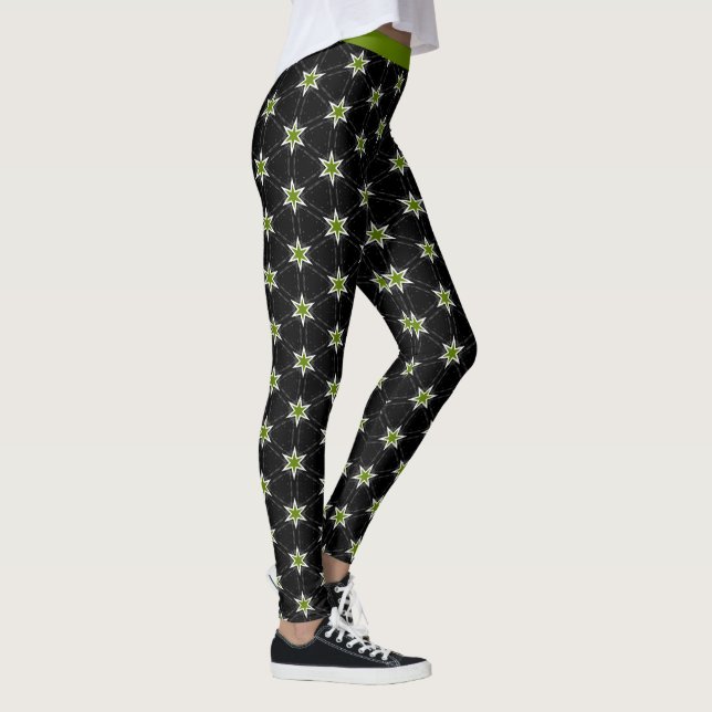 Trendy Green Stars on Black Pattern Leggings (Right)