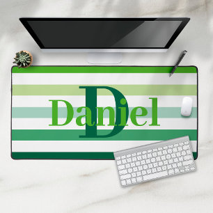 Trendy Green Stripes Monogram Desk Mat