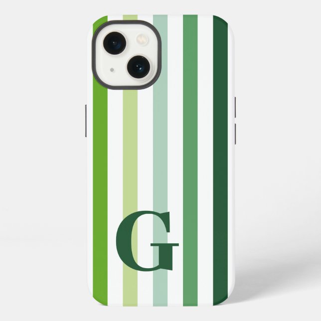 Trendy Green Stripes with Monogram iPhone Case (Back)