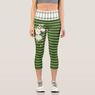 Trendy Green White Stripes White Floral Pattern Capri Leggings