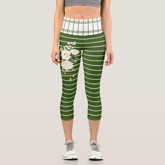 Trendy Green White Stripes White Floral Pattern Capri Leggings (Front)