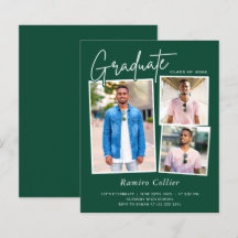 Trendy Green White Three Photo Graduation Invitati