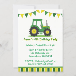 Trendy Green Yellow Tractor Boy Birthday Party Invitation