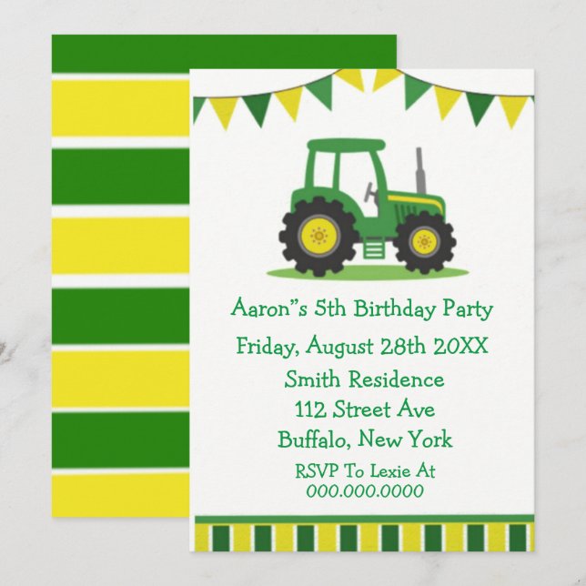 Trendy Green Yellow Tractor Boy Birthday Party Invitation (Front/Back)