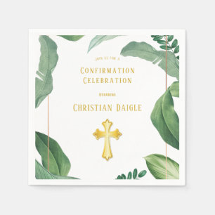 Trendy Greenery And Gold Cross Confirmation Napkin