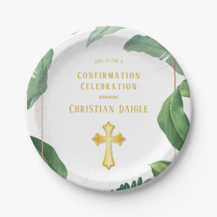 Trendy Greenery And Gold Cross Confirmation Paper Plate