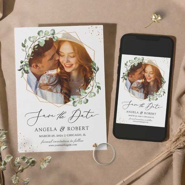 Trendy Greenery Eucalyptus Geometric Frame Photo Save The Date (Creator Uploaded)