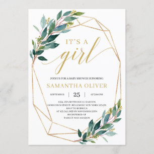 Trendy greenery eucalyptus leaves gold it's a girl invitation