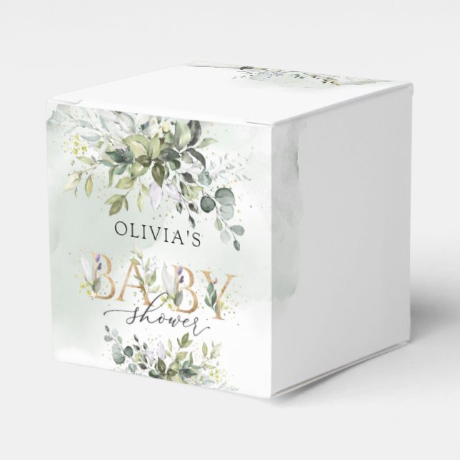 Trendy greenery foliage gold letters baby shower favour box (Front Side)